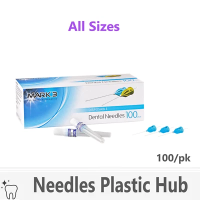 Mark3 Plastic Hub Disposable Dental Needles, All Sizes, Plastic Tips, 100/bx