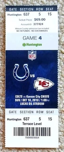 BIGLIETTO INDIANAPOLIS COLTS V KANSAS CITY CHIEFS 2010 - MANNING ULTIMA STAGIONE - COME NUOVO - Foto 1 di 1