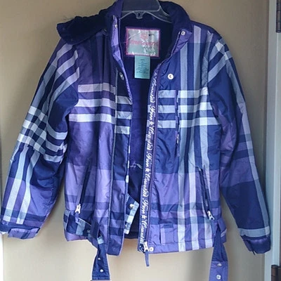 Free Country Plaid Purple Kids Fur Hooded Snow Jacket Size 14 - Image 1 of 4