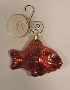 Polonia Vidrio Soplado Pez Dorado Brillante Adorno Navidad Vacaciones Papel Destino - Imagen 1 de 7