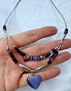 Purple Heart Cats Eye Pendant Liquid Silver Beaded Necklace Double Layer Wire - Picture 1 of 7