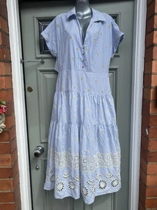 ZARA Embroidered Shirt Dress Long Cutwork Blue White Striped XL 0014 B16 - Picture 1 of 16