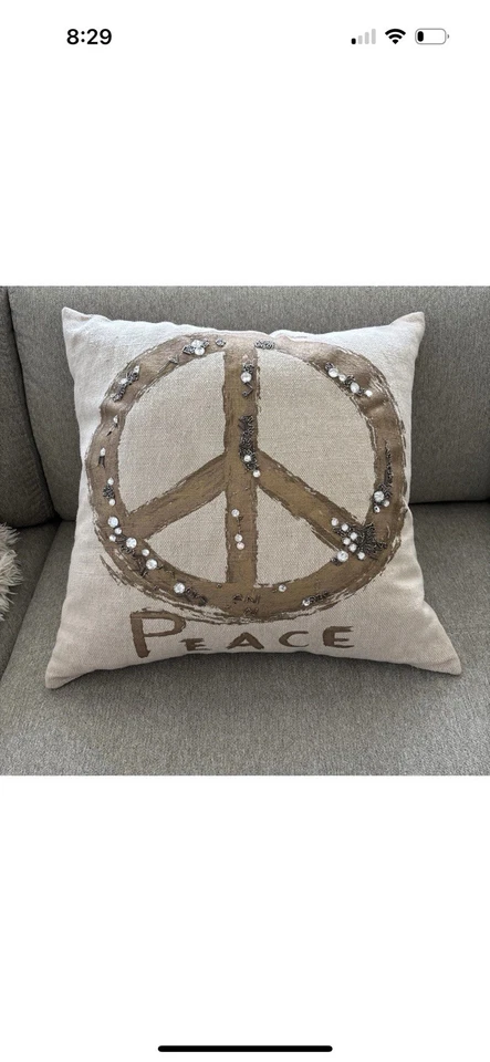 Pottery Barn Metallic Embroidered Peace Sign Pillow Cover 20" Gold Neutral - Image 1 of 1