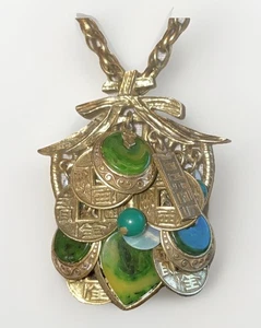 Collar Firmado “ARTE” Baquelita Verde Asiático Clip Broche Joyería Vintage 11” - Imagen 1 de 15