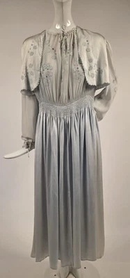 1930’S PALEST POWDER BLUE SILK CHIFFON + SILK SATIN DRESS W HAND APPLIED FLORALS - Image 1 of 4
