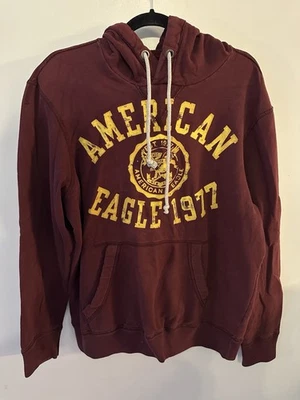 American Eagle 连帽衫 Y2K 男式大号套衫勃艮第/金色刻字复古二手状况完好 — 第 1/4 张图片