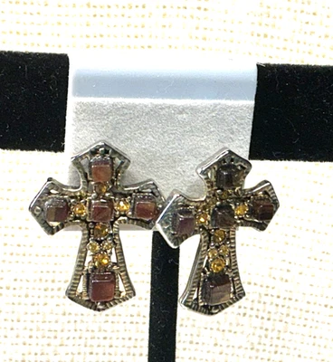 Fashion Earrings Topaz Rhinestone Tiger's Eye Stone Silver Tone Cross Lot 75 - Image 1 of 3