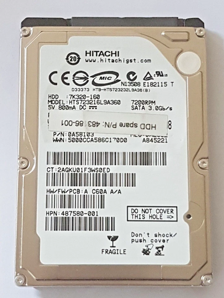 160 GB SATA Hitachi HTS723216L9A360 7200rpm 16MB HDD 2.5 " Internal Hard Drive - Image 1 of 1