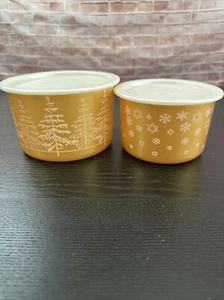 2 Tupperware Nesting Canister Bowls Gold #2707A & 2708A Winter Holiday Scene - Picture 1 of 9