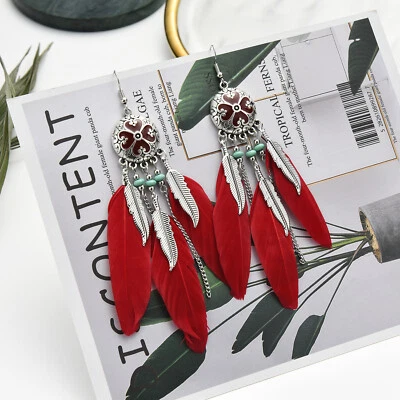 BOHO Feather Beaded Earrings Fringe Tassel Bohemian Ethnic Dangle Drop Handmade - Image 1 of 4