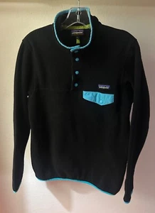 Patagonia Womens SMALL Synchilla Snap T Fleece Jacket Black Blue Sweater - Picture 1 of 12