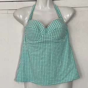 Jessica Simpson Tankini Halter Swimsuit Top Gingham Check Large Green White - Picture 1 of 5