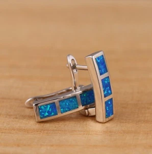 Real 925 Sterling Silver Blue Opal Rectangular Bar V-Hoop Earrings Gift Boxed - Picture 1 of 8