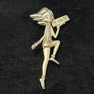 Broche boombox retro firmado tono dorado vintage AJC bailarina bailarina 3 1/8" - Imagen 1 de 7
