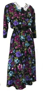 Vintage 80s Lace Collar Midi Maxi Shirt Dress Secretary Victorian Mod Prairie M - Picture 1 of 7