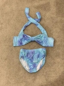 Girls Blue Mermaid Print Bikini 2 Piece SwimSuit Size 9-10 AS150 Halter Tie - Picture 1 of 17