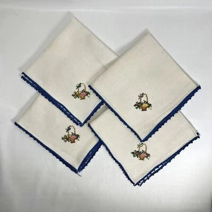 Cross Stitch Embroidered Luncheon Napkins Linen Shabby Decor Cottage Core Vtg - Picture 1 of 5