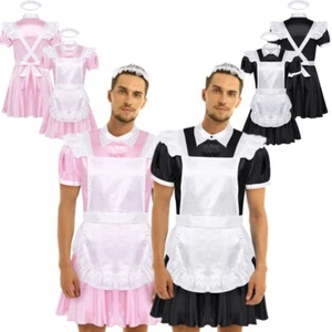 3Pcs Mens Sissy Maid Cosplay Costume Outfit Satin Dress with Apron and Headband - Picture 1 of 29