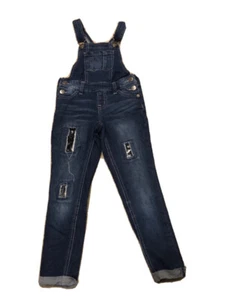 Justice Overalls Ripped with Sequin Patching Pants Size 6 Dark Wash Denim - Picture 1 of 8