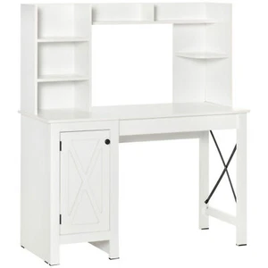 Farmhouse Computer Desk W/ Hutch Tabletop Cabinet Home Office Study White - Picture 1 of 11