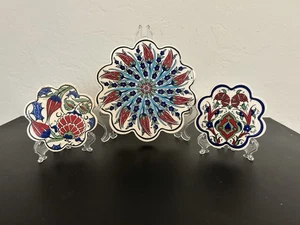 VTG (3) Turkish Ceramic Tile Trivet Trio Mandala 7.25” & 4” Hand Painted - Picture 1 of 4