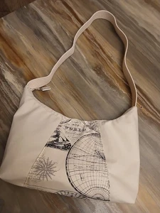 New Compass Globe Top handle Shoulder Bag Purse Ivory Gray Crescent Baguette - Picture 1 of 7