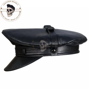 Black Genuine Leather Army Muir Biker Peaked Police BLUF Gay Cap Hat For Men's - Picture 1 of 7