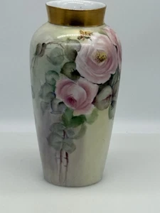 Heinrich & Co Selb Baviera Germania vaso rosa porcellana antica bordo oro 22k 10" - Foto 1 di 7
