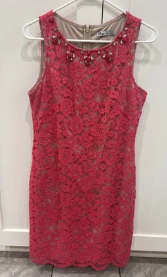 Eliza J Sheath Dress Lace Overlay Sleeveless Feminine Pink Jewel Accent Size 10 - Image 1 of 4