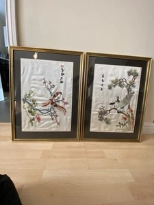 Pair Beautiful Vintage Framed Chinese Silk Embroidery Exotic Birds Art Pictures - Picture 1 of 13