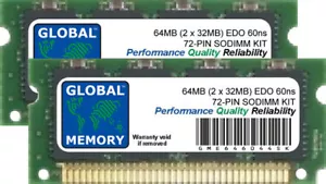64MB (2x32MB) 60ns 72-PIN EDO SODIMM MEMORY RAM KIT PER LAPTOP/NOTEBOOK - Foto 1 di 1