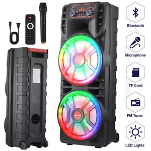 Portable Bluetooth Speaker Dual 12'' Subwoofer FM Heavy Bass Sound Karaoke W/Mic - Picture 1 of 12