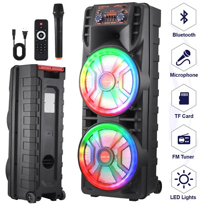 Portable Bluetooth Speaker Dual 12'' Subwoofer FM Heavy Bass Sound Karaoke W/Mic - Image 1 of 4