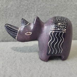 Rhino Hand Carved Soapstone Figurine Purplish/gray Signed - Picture 1 of 8