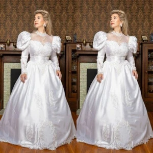 Vintage Wedding Dresses Long Sleeves Satin Retro Medieval A Line Bridal Gowns - Picture 1 of 9