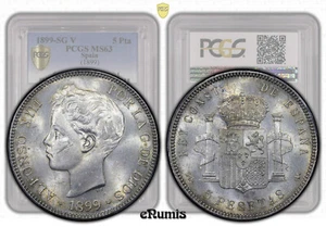 SPAIN, Alfonso XIII, 5 Pesetas 1899 SG-V, PCGS MS 63 - Picture 1 of 9
