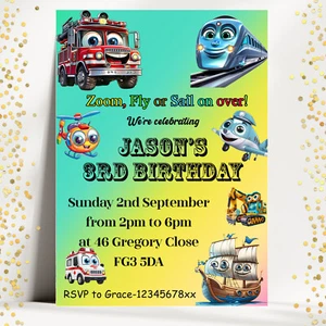 Vehicle Birthday Party Invitations Kids Car Plane Sail Digger Birthday invites - Picture 1 of 4