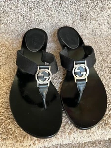 Gucci Women's Black Leather Thong Slide w/Small Heels. Size 6.5. - Picture 1 of 13