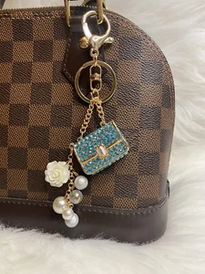 Mini Handbag Bag Charm Keychain Keyring Handbag Blue Camellia Sparkling Gift - Picture 1 of 4