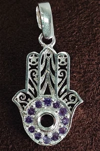 Sterling Silver 925 Small purple Gemstone HAMSA Fatima Hand Charm Pendant womens - Picture 1 of 5