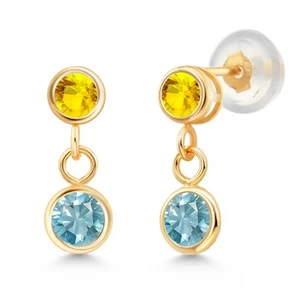 14K Yellow Gold Blue Zircon and Yellow Sapphire Drop Dangle Earrings For Women - Picture 1 of 4
