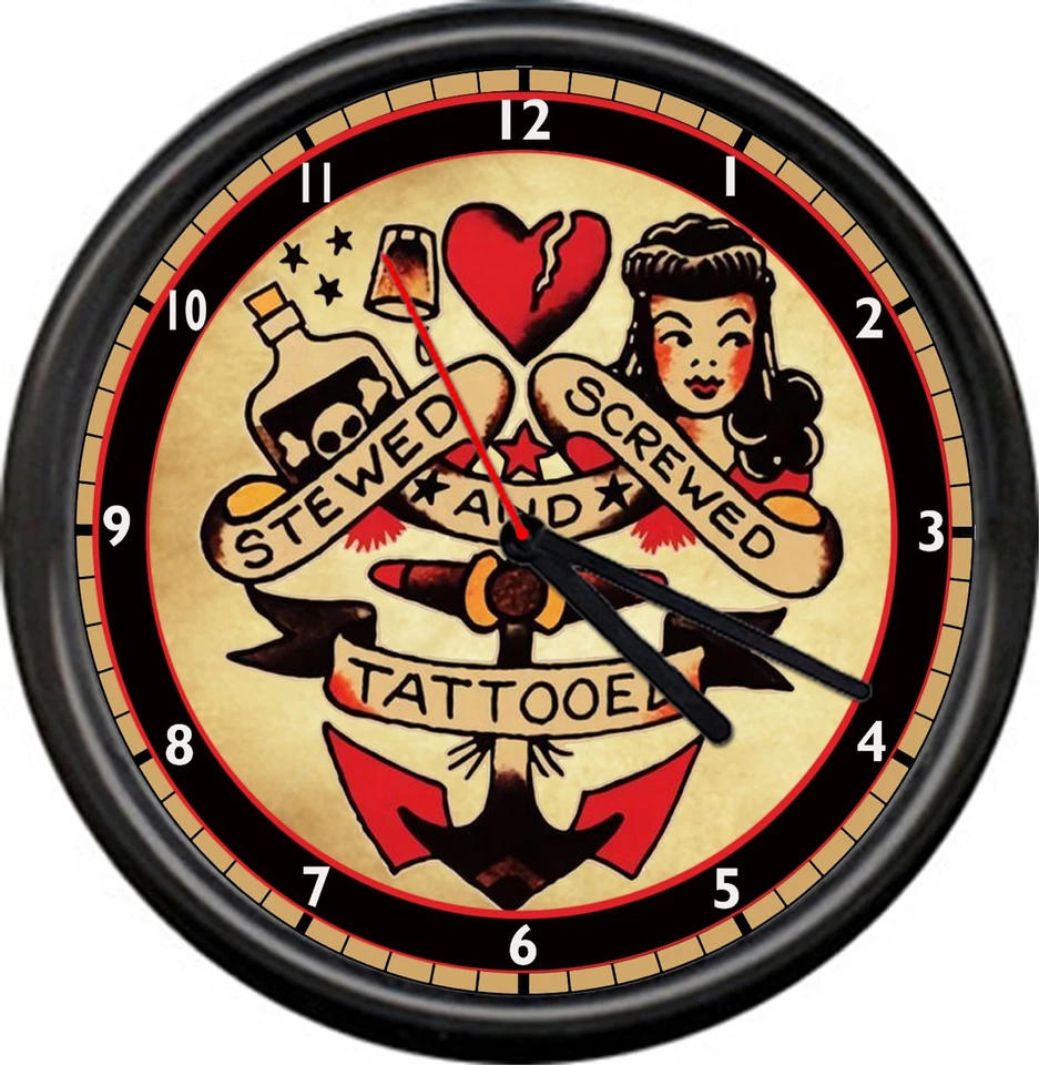 Reloj de pared Sailor Jerry salón de tatuajes guisado atornillado tatuado corazón ancla signo Foto 1 de 1