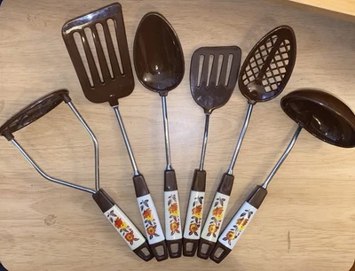 VTG 70s NOS Brown Kitchen Utensil 6 Pc Complete Matching Retro Display MCM - Image 1 of 4