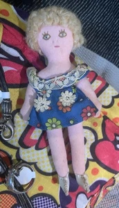 Small Cloth Blond Doll with Blue Dress Hard Shoes Soft Plush - Picture 1 of 7