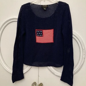 VTG Crocheted Sweater Womens Size M Blue American Flag Cotton Stars Stripes - Picture 1 of 10