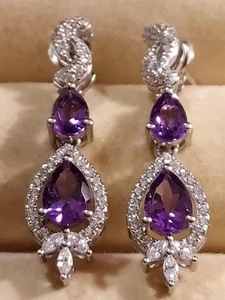 2 Ct Pear Cut Simulated Amethyst Drop/Dangle Earrings 14k White Gold Plated - Picture 1 of 5