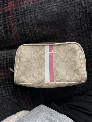 CUSTODIA TRUCCO DOPPIA STRISCIA COACH SIGNATURE TELA SPALMATA ROSA CREMA ABBRONZATURA