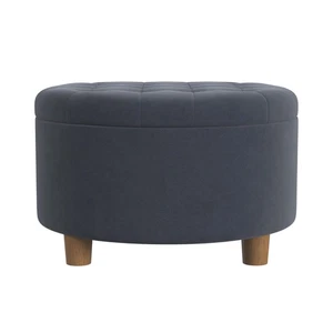 Steel Blue Velvet Round Storage Ottoman with Honey Oak Legs and Tufted Top - Picture 1 of 9