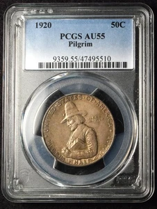 1920 50C COMMEMORATIVE PILGRIM SILVER HALF DOLLAR PCGS AU55 - Picture 1 of 2