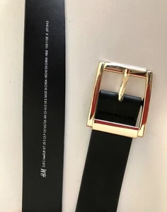 Ladies BLACK BELT size S-M 101cm LONG H&M Golden Rectangle BUCKLE 4.6cm wide - Picture 1 of 7